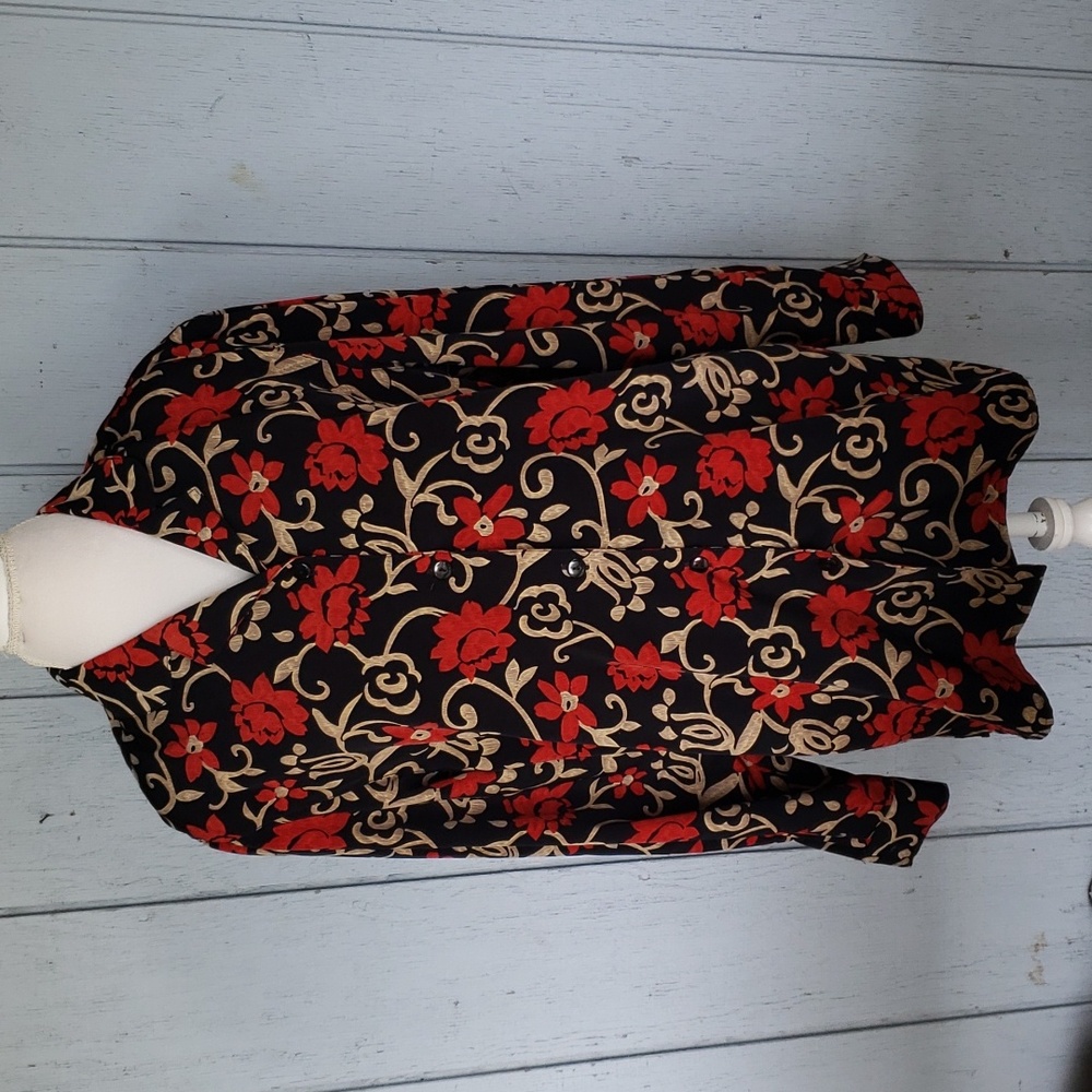Floral Button Down Floral Shaket Vintage Floral Short Red Flowers (B)
